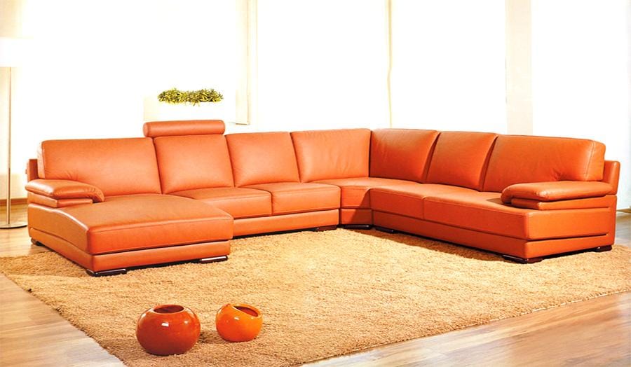 Homeroots 39" Orange Leather and Wood Sectional Sofa 283147