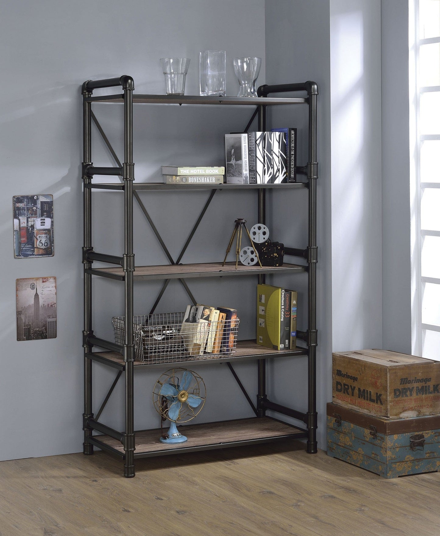 Homeroots 40" X 22" X 72" Rustic Oak And Black Particle Board Bookshelf 285764