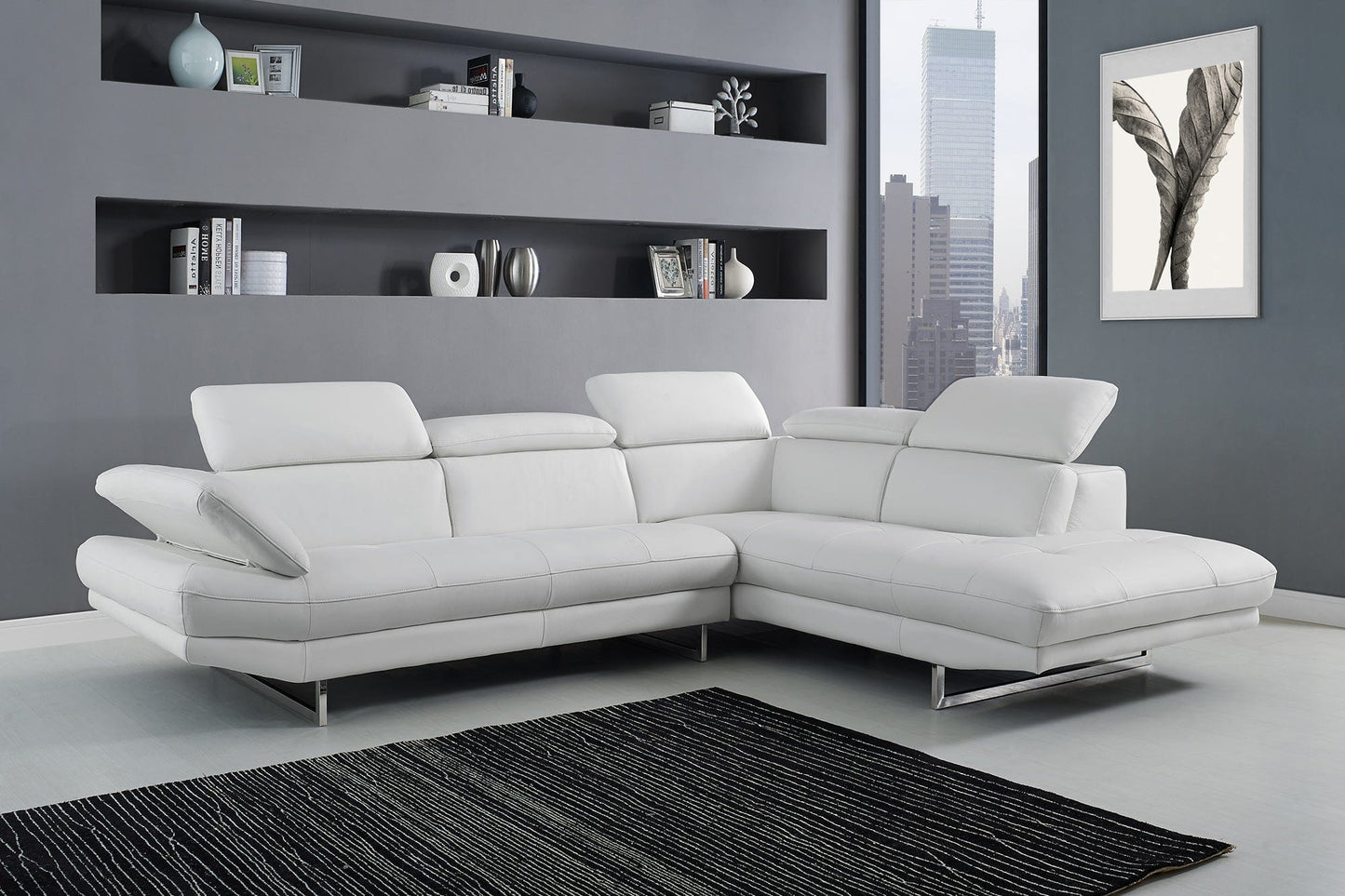Homeroots Sectional Chaise On Right When Facing White Top Grain Italian Leather Adjustable Headrest Couch 320885