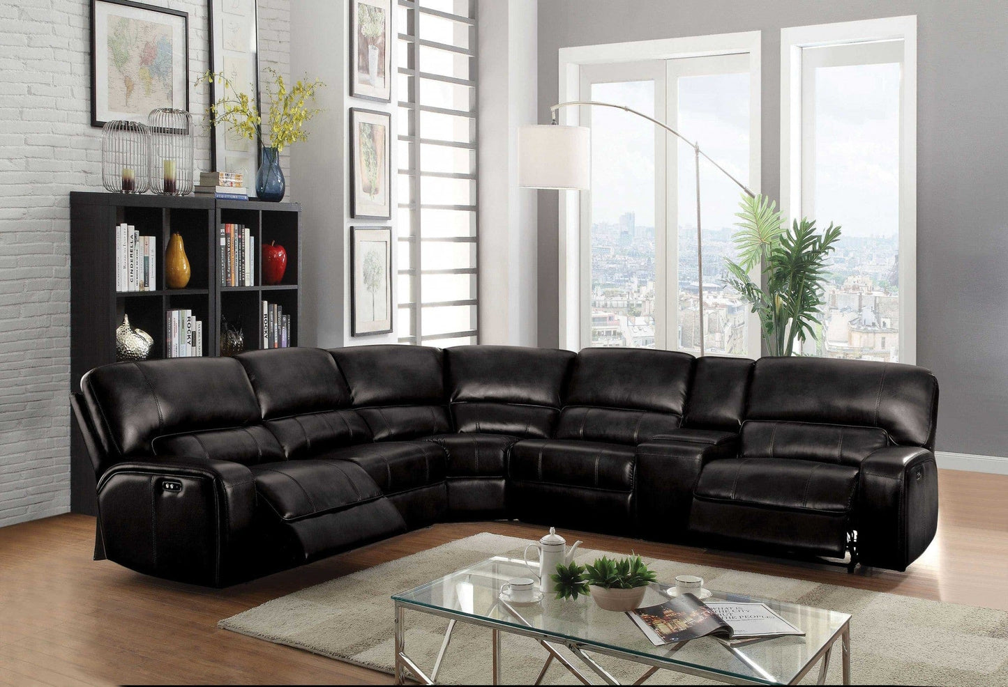 Homeroots 138" X 127" X 41" Black Leather-Aire Upholstery Metal Reclining Mechanism Sectional Sofa (Power MotionUSB Dock) 348637