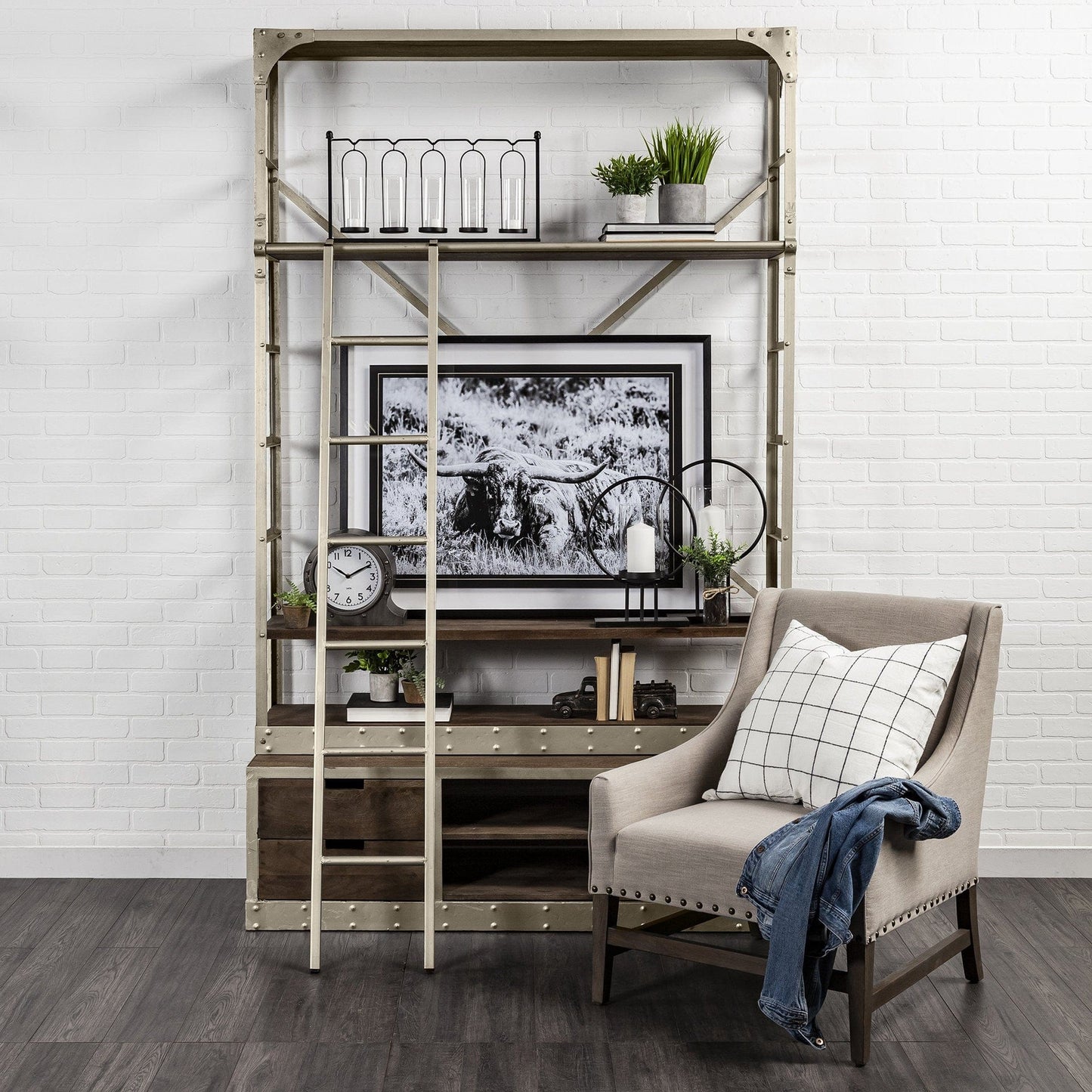 Homeroots Gray Metal Shelving Unit with Light Brown Storage 392223