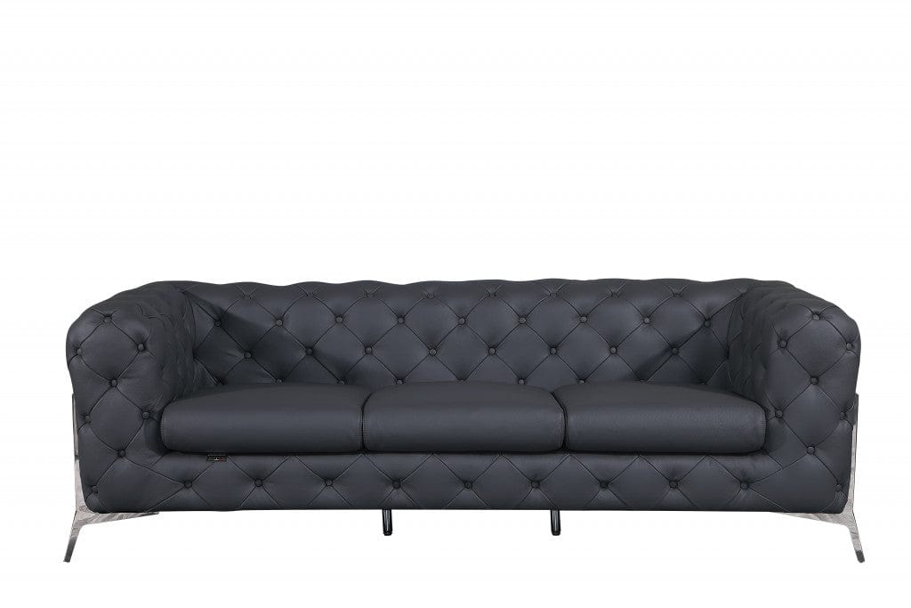 Homeroots 93" Dark Gray Genuine Button Tufted Leather Standard Sofa 476529