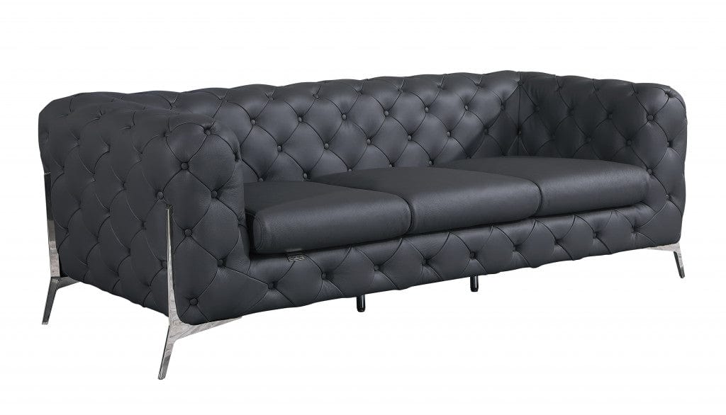 Homeroots 93" Dark Gray Genuine Button Tufted Leather Standard Sofa 476529