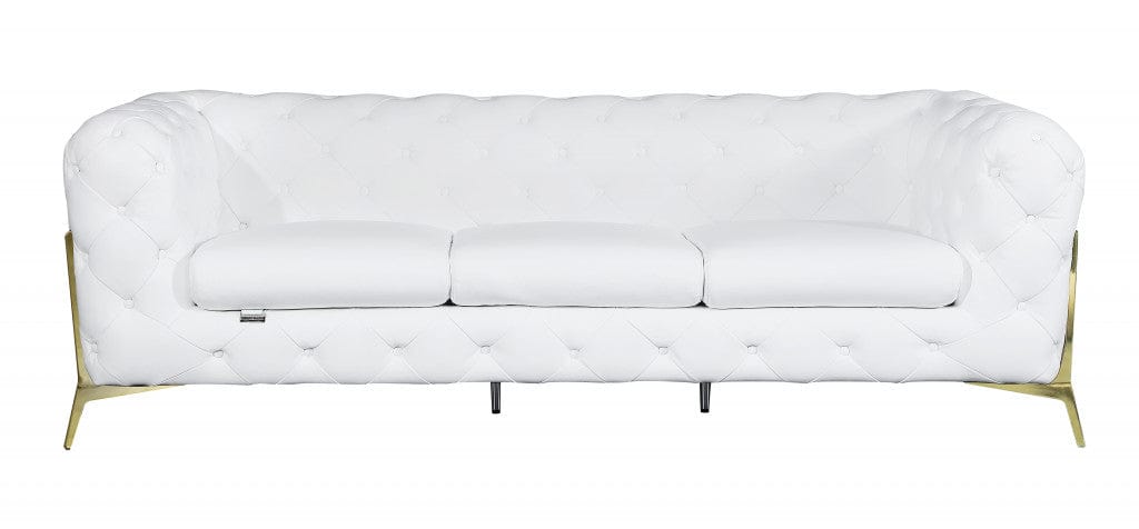 Homeroots 93" White and Gold Genuine Tufted Leather Standard Sofa 476530