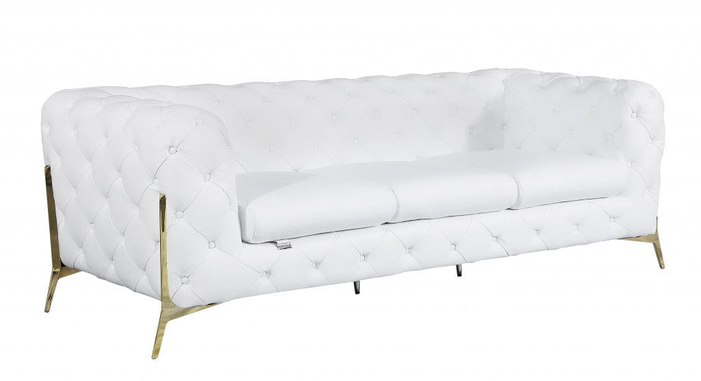 Homeroots 93" White and Gold Genuine Tufted Leather Standard Sofa 476530