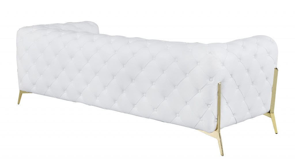 Homeroots 93" White and Gold Genuine Tufted Leather Standard Sofa 476530