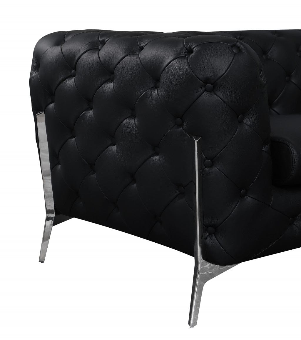 Homeroots 69" Black Tufted Italian Leather and Chrome Love Seat 477571