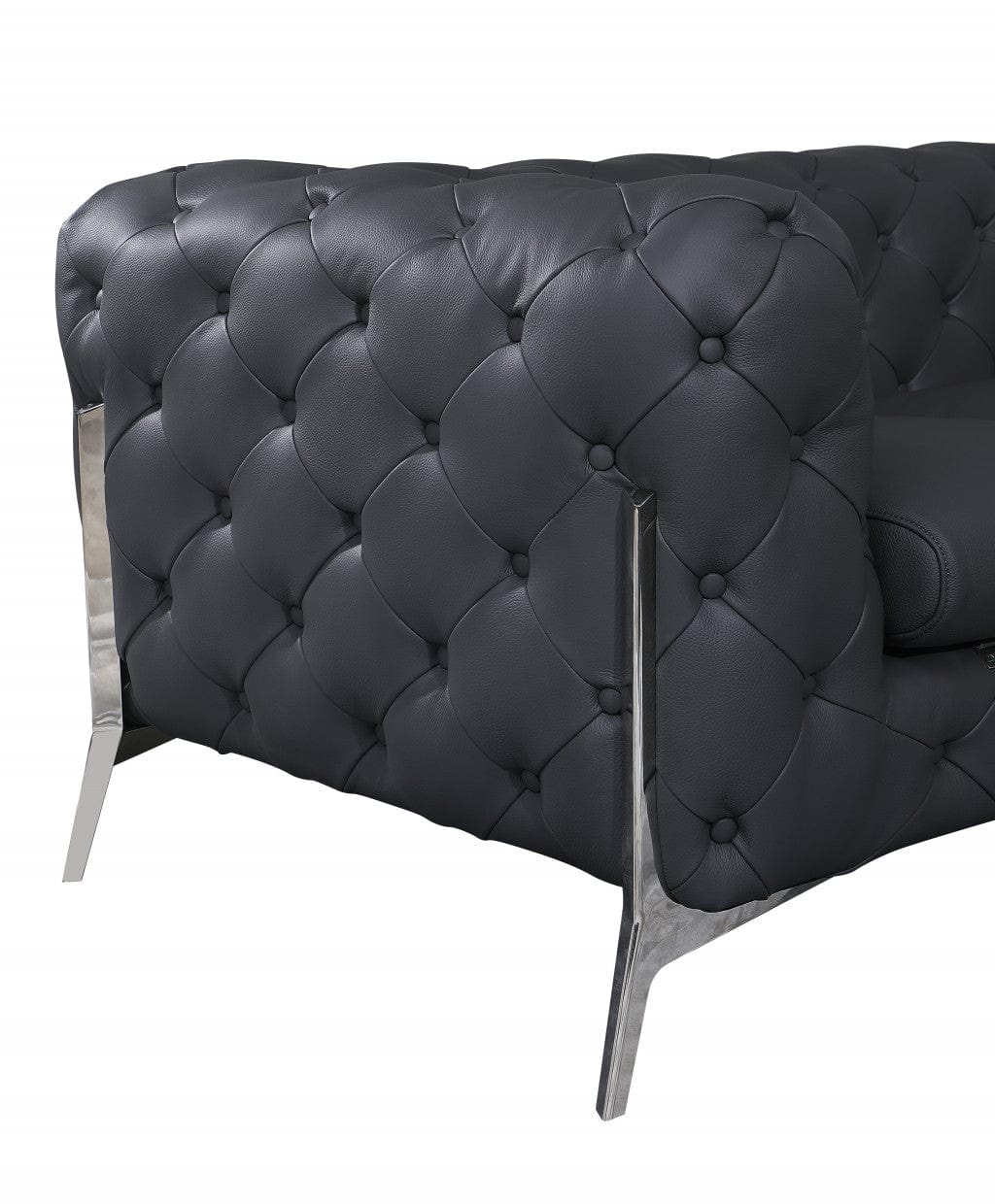 Homeroots 69" Dark Gray All Over Tufted Italian Leather and Chrome Love Seat 477574