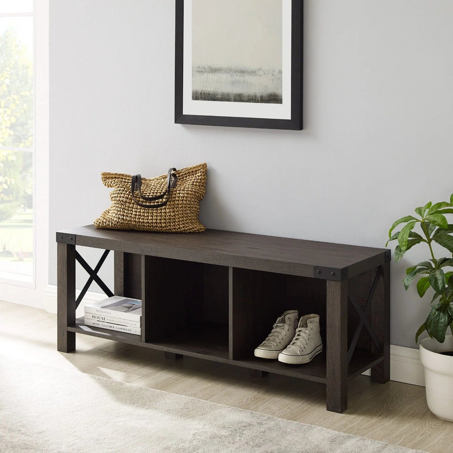 Walker Edison Farmhouse Metal X Entry Bench