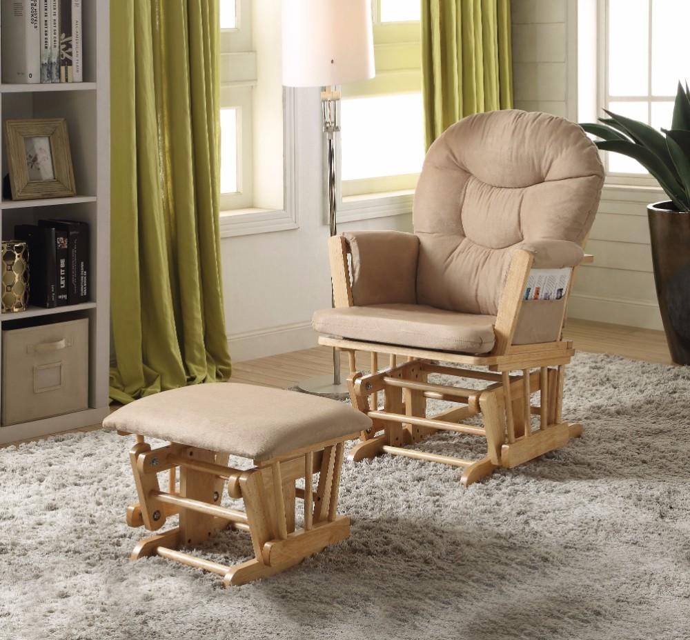 Benzara Rehan Glider Chair & Ottoman, 2 Piece Pack Brown & Natural Oak BM151933