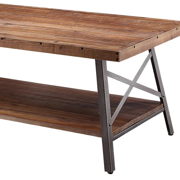 Benzara Wooden Coffee Table with X Crossed Metal Sides and Open Shelf, Brown and Black BM193841