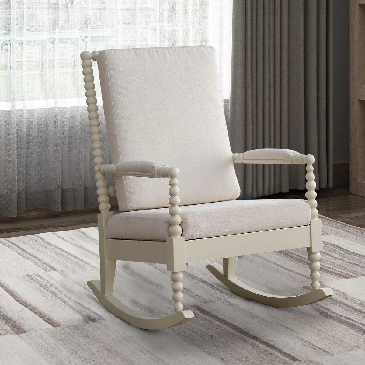 Benzara Wooden Rocking Chair with Fabric Upholstered Cushions, White BM193885