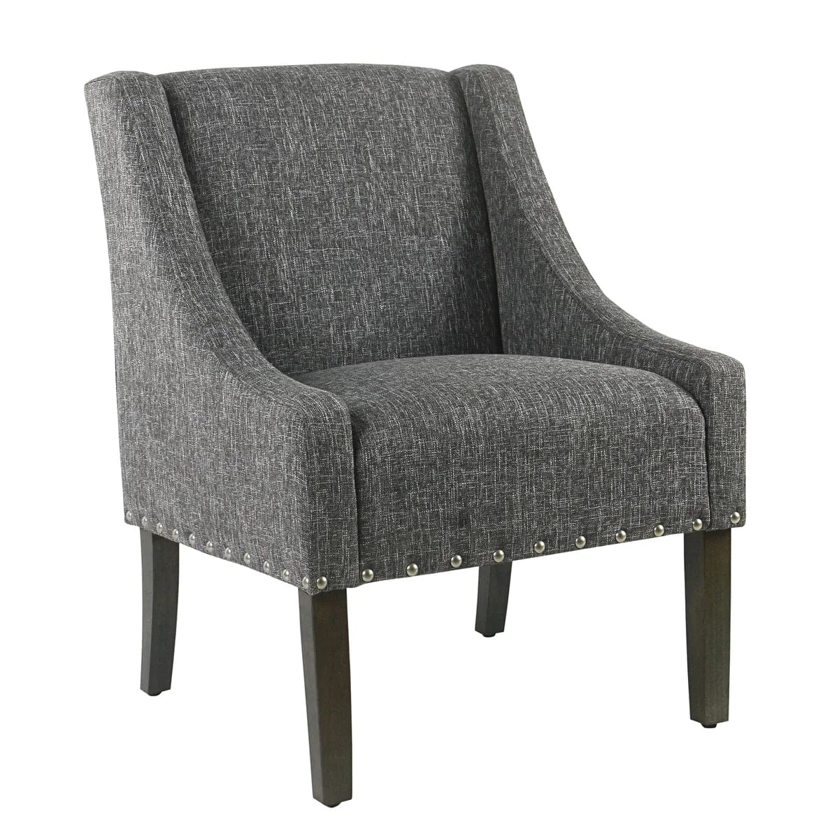 Benzara Fabric Upholstered Wooden Accent Chair with Swooping Arms and Nail Head Trim, Gray and Brown BM194076