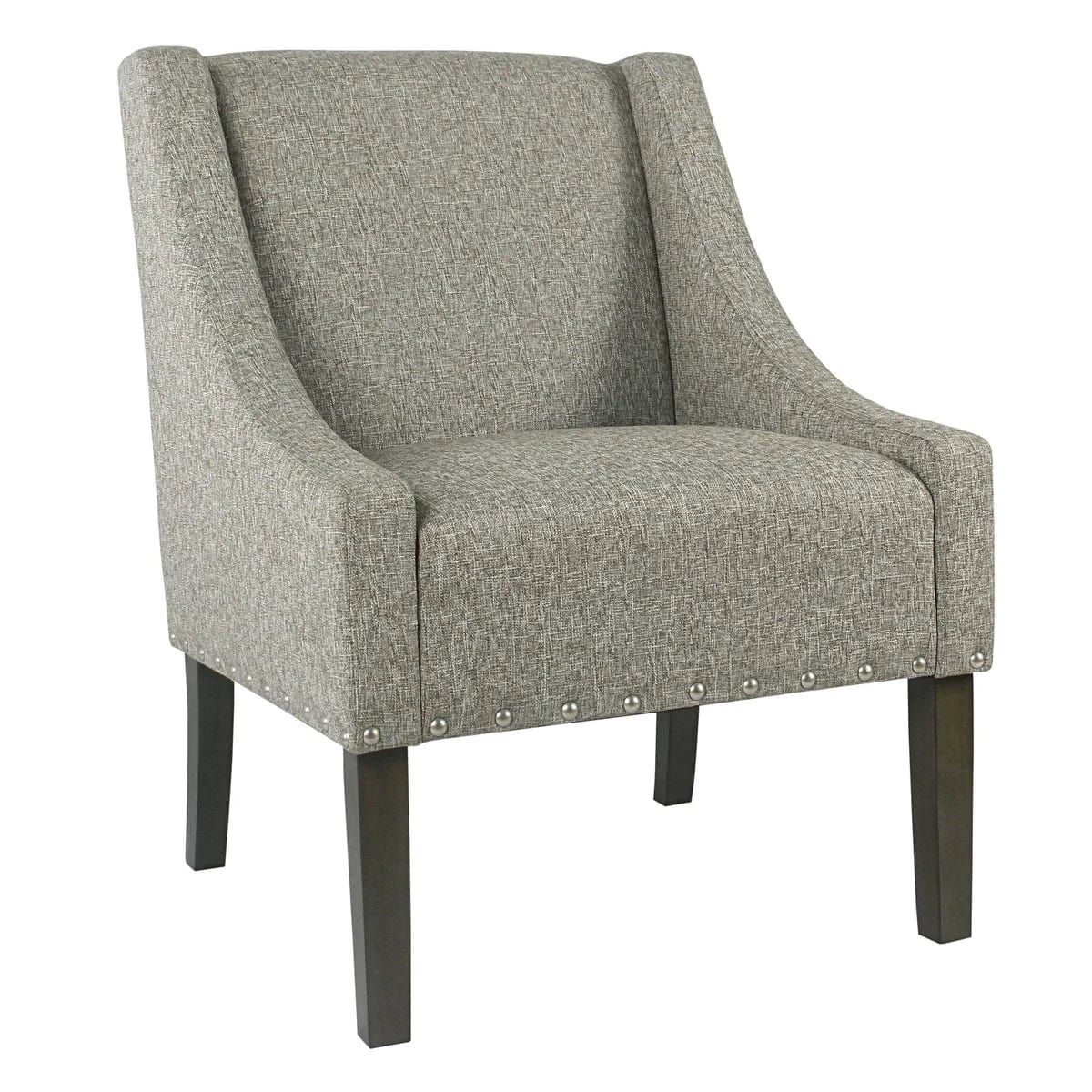 Benzara Fabric Upholstered Wooden Accent Chair with Swooping Arms and Nail Head Trim, Light Gray and Brown BM194077
