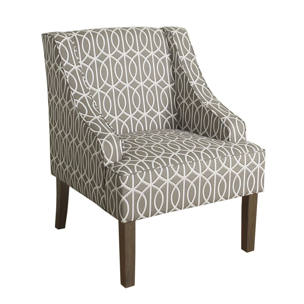 Benzara Fabric Upholstered Wooden Accent Chair with Trellis Pattern Design, Gray, White and Brown BM194146