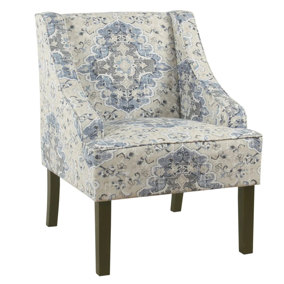 Benzara Fabric Upholstered Wooden Accent Chair with Swooping Armrests, Blue, Cream and Brown BM194148