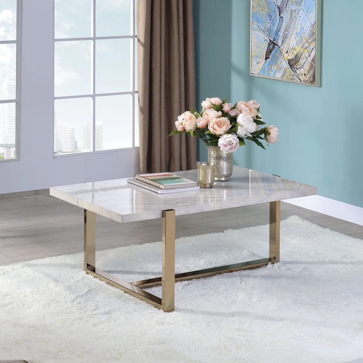 Benzara Modern Metal Framed Coffee Table with Faux Marble Top, White and Gold BM194439