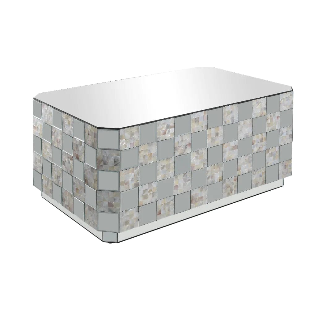 Benzara Wooden Coffee Table with Checkered Pattern Mirror Insets, Silver BM204470