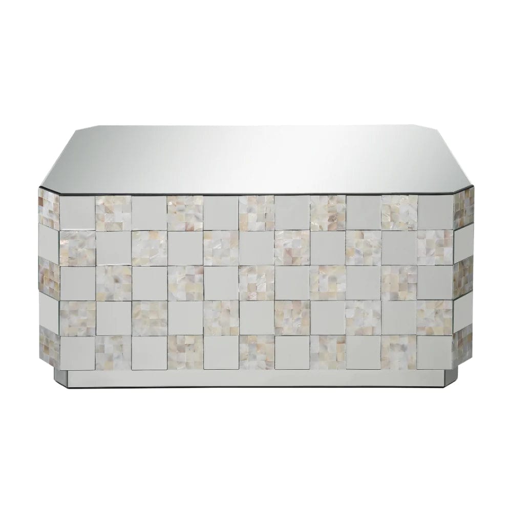 Benzara Wooden Coffee Table with Checkered Pattern Mirror Insets, Silver BM204470