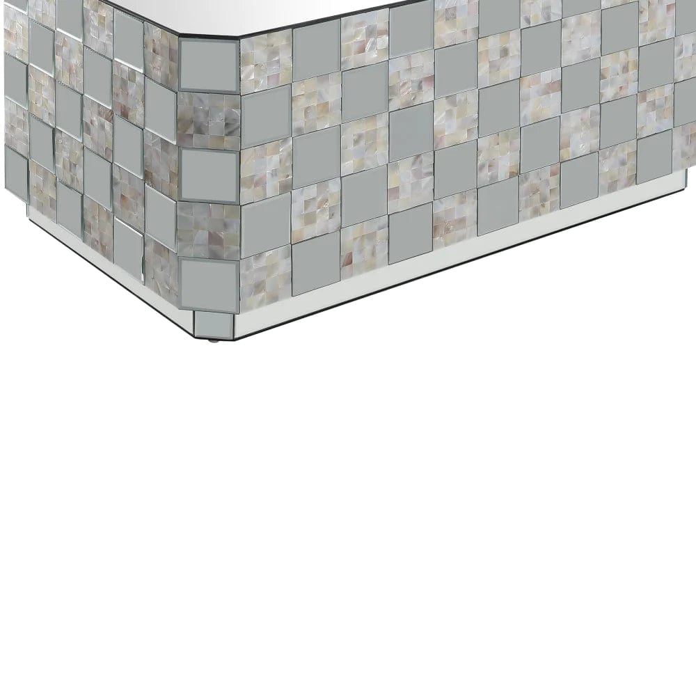 Benzara Wooden Coffee Table with Checkered Pattern Mirror Insets, Silver BM204470