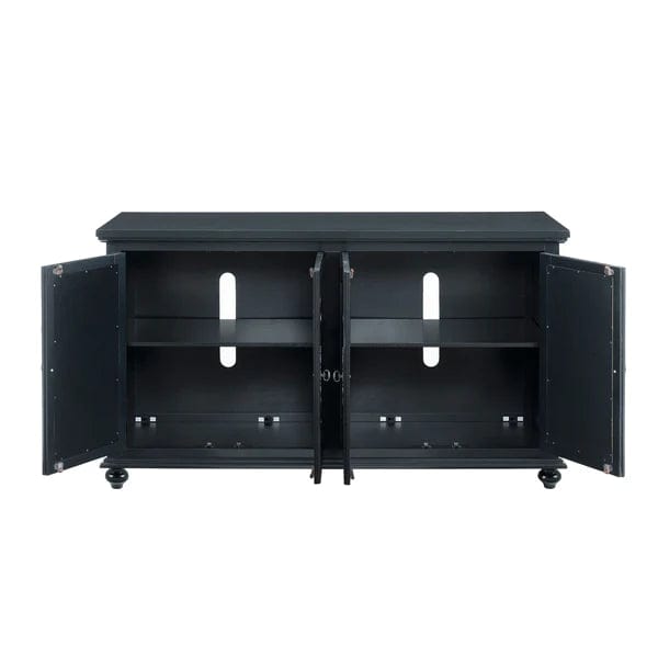 Benzara Trellis Front Wood and Glass TV stand with Cabinet Storage, Black BM205970