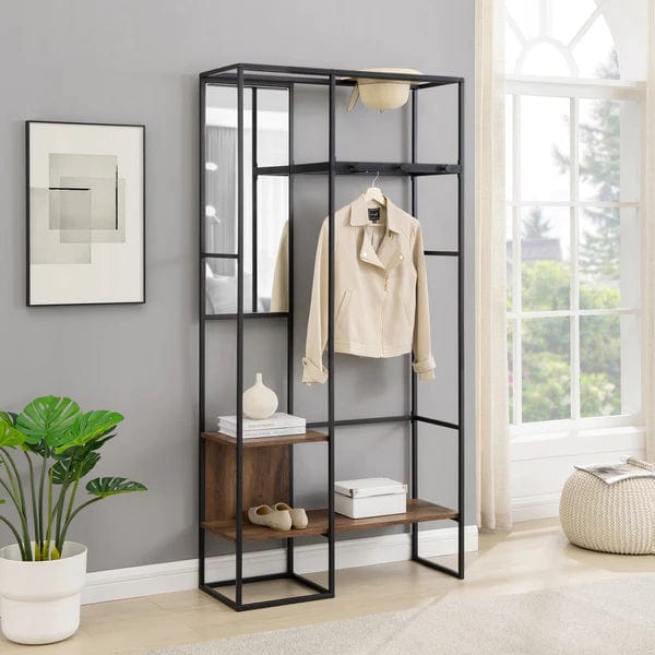 Walker Edison Modern Metal and Wood Hall Tree with Hanging Storage