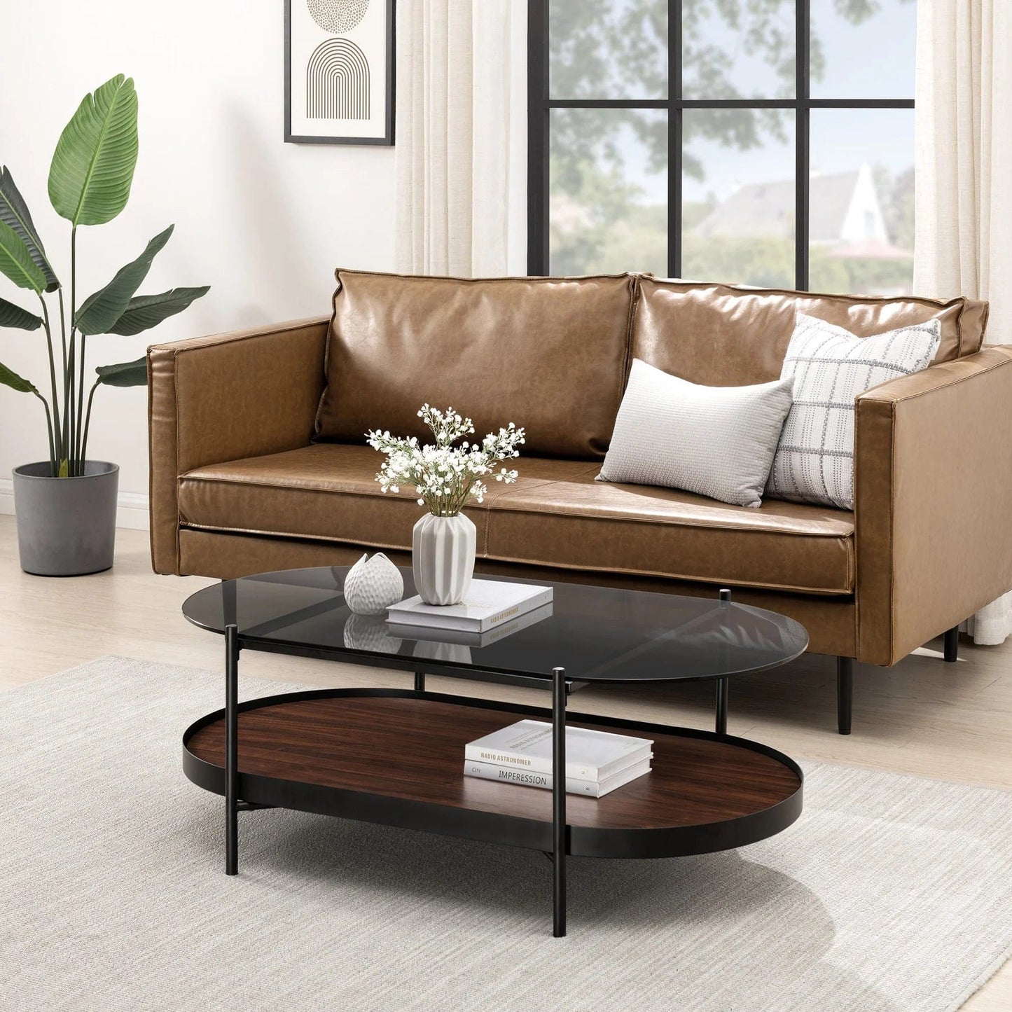 Walker Edison Modern Two-Tier Glass-Top Oval Coffee Table