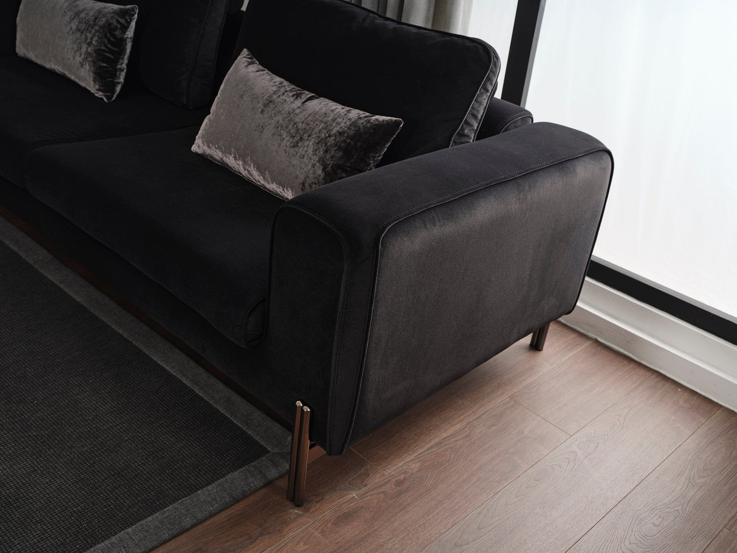 Whiteline Favori Sofa, Black Fabric, Smokey Nickel Legs SO1840-BLK - Essential Livingroom