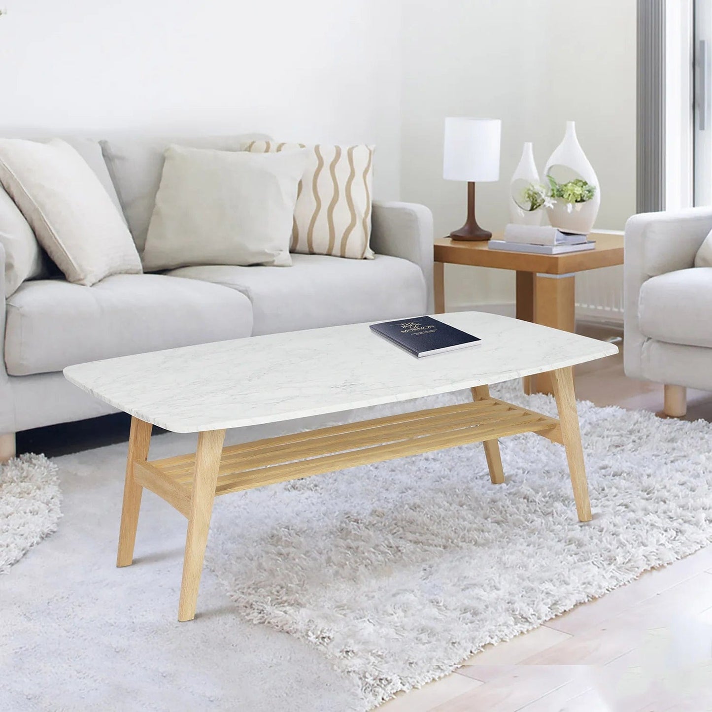 The Bianco Collection Laura 43" Rectangular Italian Carrara White Marble Coffee Table