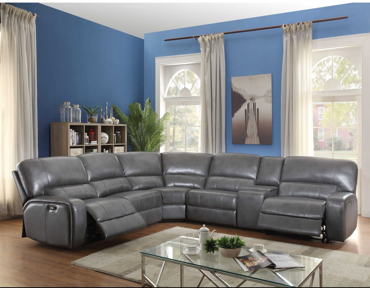 Homeroots 138" X 127" X 41" Gray Leather-Aire Upholstery Metal Reclining Mechanism Sectional Sofa (Power MotionUSB Dock) 348239