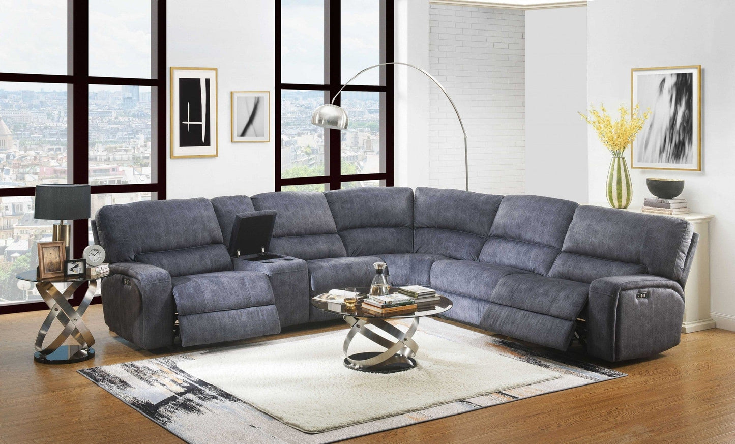 Homeroots 138" X 127" X 41" Slate Blue Velvet Upholstery Metal Reclining Mechanism Sectional Sofa (Power Motion) 348636