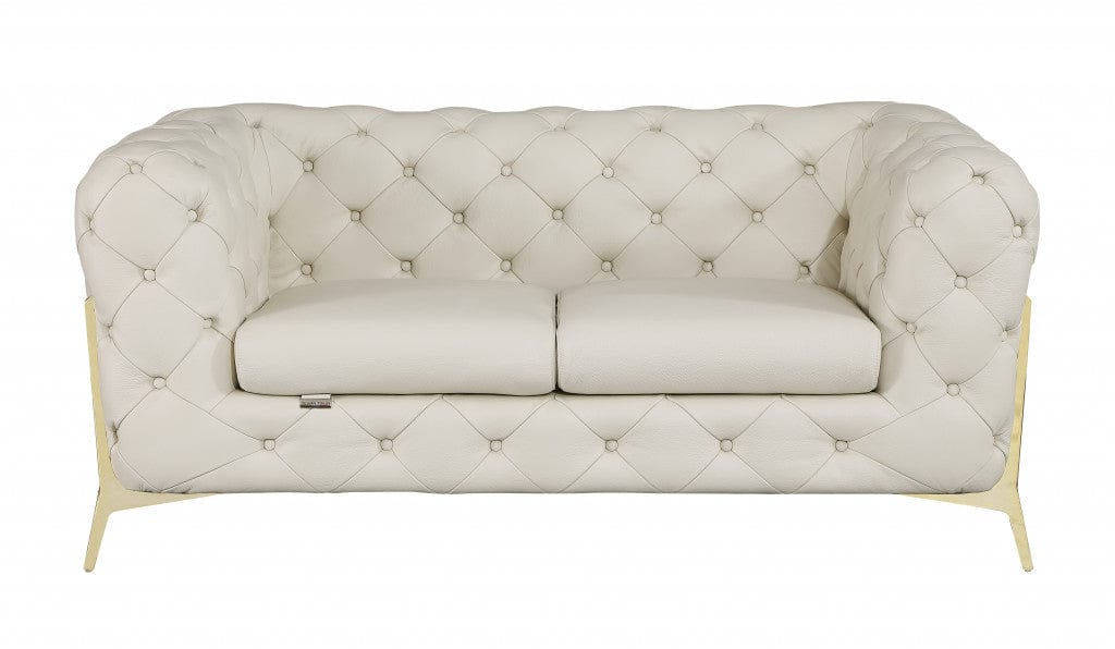 Homeroots 69" Beige All Over Tufted Italian and Gold Leather Love Seat 477573
