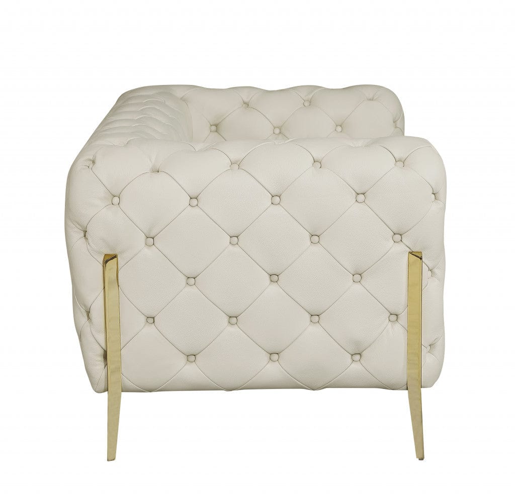 Homeroots 69" Beige All Over Tufted Italian and Gold Leather Love Seat 477573