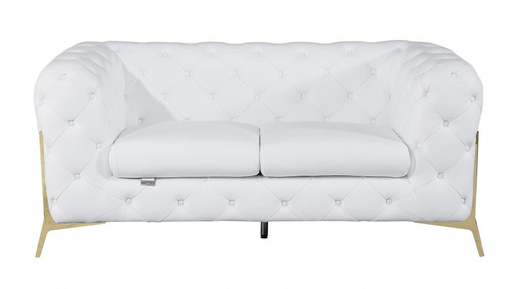 Homeroots 69" White All Over Tufted Italian and Gold Leather Love Seat 477575