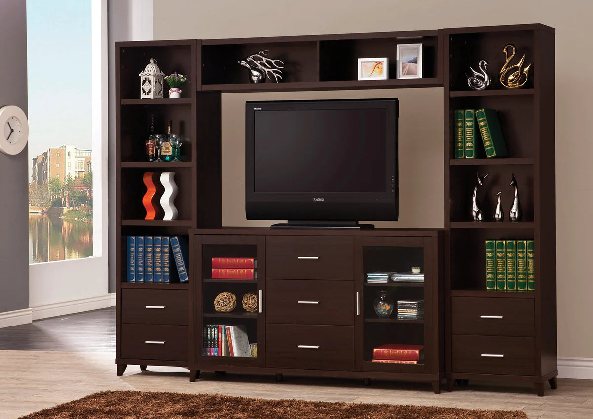 Benzara Modern & Minimal Style TV Console With Multi Shelves & Drawers, Cappuccino Brown BM184882