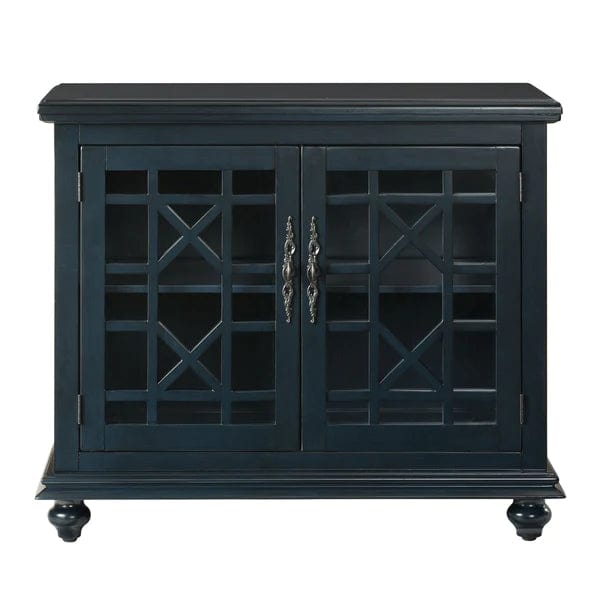 Benzara Transitional Wood and Glass TV Stand with Trellis Cabinet Front, Dark Blue BM205972