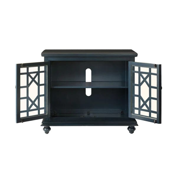 Benzara Transitional Wood and Glass TV Stand with Trellis Cabinet Front, Dark Blue BM205972