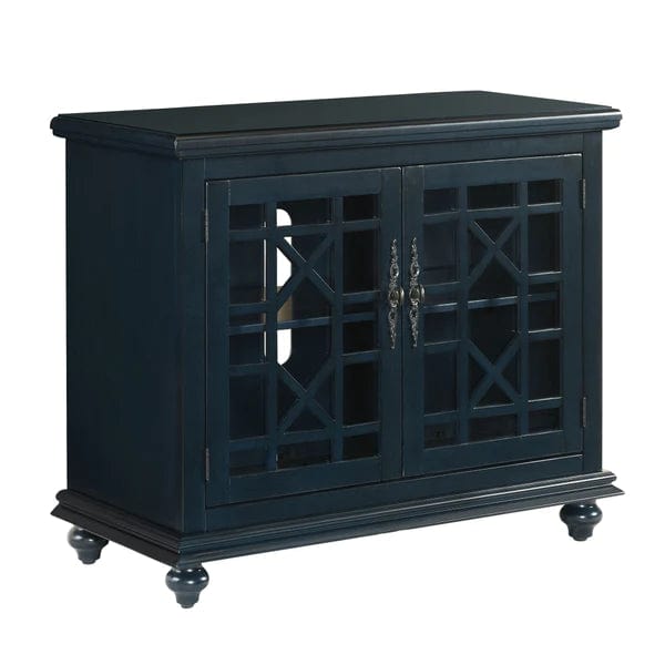Benzara Transitional Wood and Glass TV Stand with Trellis Cabinet Front, Dark Blue BM205972