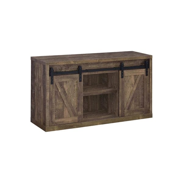 Benzara 48 Inch Farmhouse Wooden TV Console With 2 Sliding Barn Doors, Rustic Brown BM220263