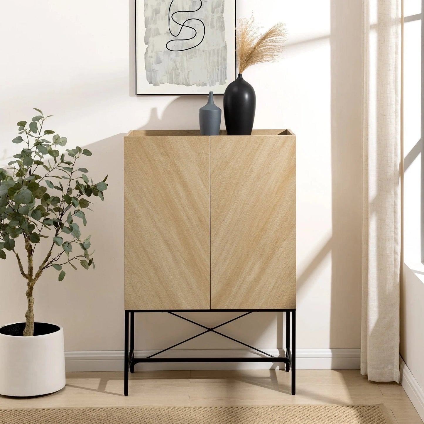 Walker Edison Contemporary Bookmatch-Doors Tall Accent Cabinet with Inset Top