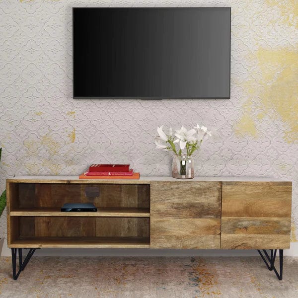 Benzara Industrial Style Mango Wood and Metal Tv Stand With Storage Cabinet, Brown UPT-38930