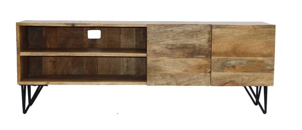 Benzara Industrial Style Mango Wood and Metal Tv Stand With Storage Cabinet, Brown UPT-38930